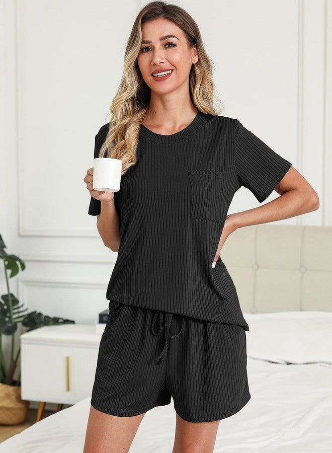 EISHOPEER Ribbed Knit Pajamas for Women Lougewear Sets 2 Pieces Short Sleeve Tshirt and Shorts Black Medium - Image 4